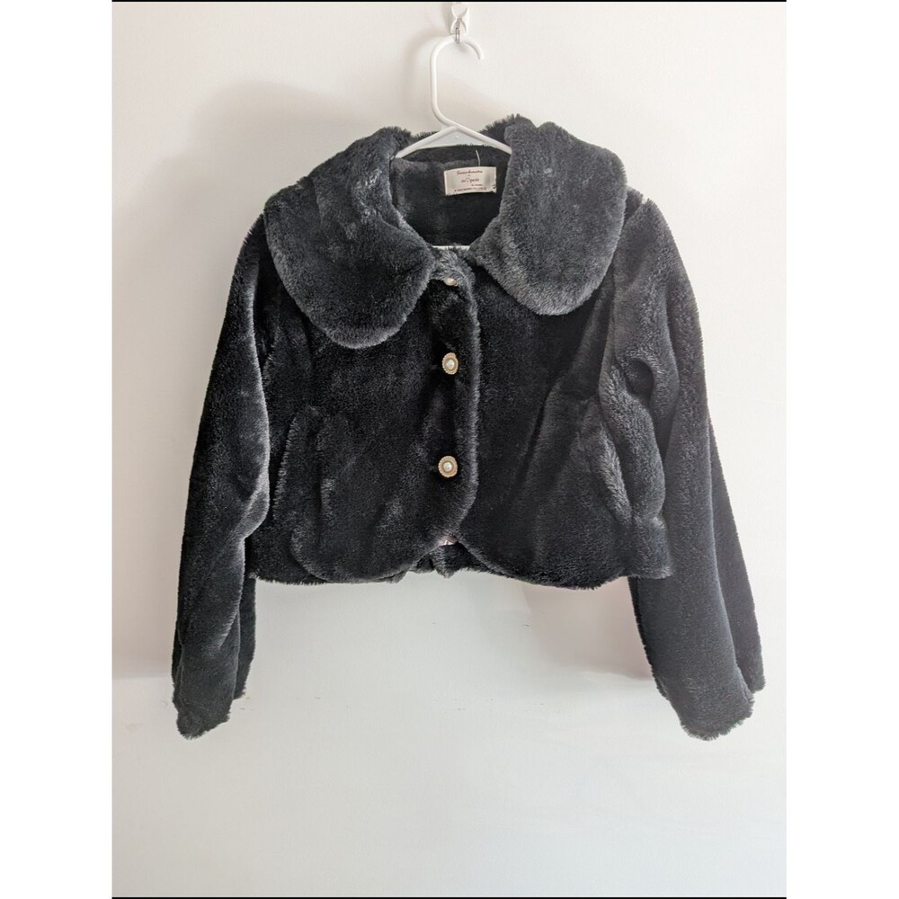 NWOT Japanese Black Faux Fur Cropped Jacket with Pearl Buttons